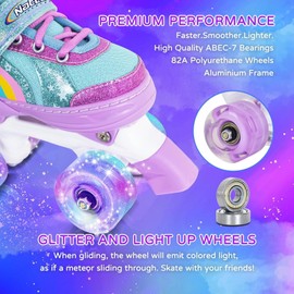 Girls Rainbow Unicorn Roller Skates for Little Kids Toddler Ages 5-8 4 5 6 7, 4 Size Adjustable Quad Skates with All Light Up Wheels - Best Birthday Gift for Outdoor Sports - Teal