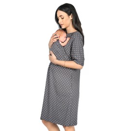 MijaCulture 3-in-1 Birth Dress Nursing Nightdress Maternity Nightdress 4128, Graphite / Hearts