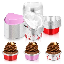Moldes para tartas en forma de corazón con tapas, 3.4 onzas/100 ml, mini moldes desechables de papel de aluminio para cupcakes para el día de San Valentín, bodas, fiestas (rojo, rosa, morado, 30 juegos)