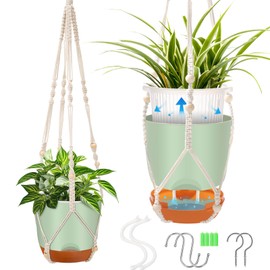 2-Pack 7.2-Inch Self-Watering Hanging Planters for Indoor & Outdoor Plants,34-Inch macrame hanger plant pots indoor with drainage,Small Hanging Planters & Baskets in Green,With two sets of hooks