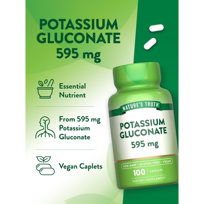 Nature's Truth Potassium Gluconate 595mg | 100 Caplets | Vegan,