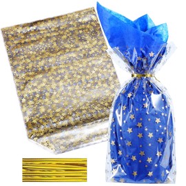 ZIMCEMS 50Pcs 10X14 inch Bottom Gusset Bags Gold Star Printed Clear Cellophane Gift Wrap Bags Basket Wrapping Large Cello Bags for Party Favors Mug with 5" Twist Ties
