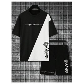 SOLY HUX Men's Tracksuits Color Block Print Short Sleeve Tee and Drawstring Shorts Summer 2 Piece Sets Black and White Medium