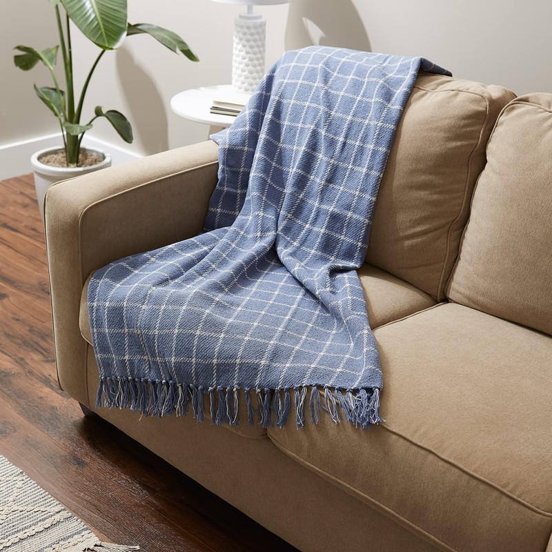 DII Transitional Checked Plaid Woven Throw, 50x60, Stonewash Blue