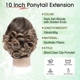 Wirctp Ponytail Extension,10"Claw Clip in Ponytail Extensions Short Curly Ponytail Hairpiece for Women Fluffy Natural Synthetic Pony Tails for Daily Use(Dark Ash Blonde with Golden Ends)