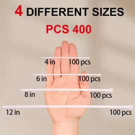 White Zip Ties Assorted Sizes 4+6+8+12 Inch, 400 Pack, Clear Zip Ties, White Cable Ties, Zipties Clear, UV Resistant Wire Ties, Plastic Ties, Tie Wraps Assorted Sizes, SiKuLin