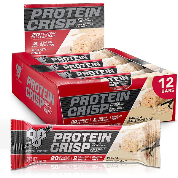BSN Protein Bars - Protein Crisp Bar by Syntha-6, Whey Protein, 20g of Protein, Gluten Free, Low Sugar, Vanilla Marshmallow, 12 Count