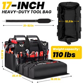 Heavy Duty Tool Bag 17-Inch, 27-Pocket Tool Tote with Tool Roll Bag & Adjustable Shoulder Strap, Large Portable Tool Bags Organizer and Storage for Men Women, Birthday Father's Day Gifts for Dad