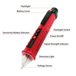 MXCOIRTP Voltage Tester, Non-Contact Voltage Detector, Electrical Tester, 3 Ranges AC 12V/48V/70V-1000V, Live/Null Wire Tester with Buzzer Alarm and Flashlight, Wire Breakpoint Finder - Red