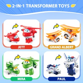 Super Wings 2" Transform-A-Robots 4 Pack Jett, Paul, Mira, and Grand Albert, Airplane Toys Mini Action Figures, Transformable Toys for 3+ Years Old Boys and Grils