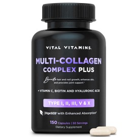 Vital Vitamins Multi Collagen Complex Plus - with Biotin, Hyaluronic Acid, Vitamin C - Type I, II, III, V, X - for Women & Men - Hair, Skin, Nails Beauty Complex - 150 Capsules