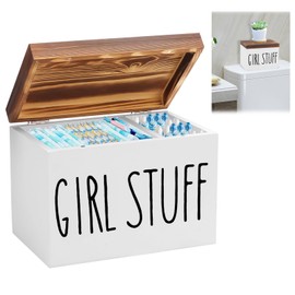 Sanitary Towels Storage Bathroom, Wooden Storage Box, Hygiene Items, 2 Compartments Tampon Holder for Bathroom with Lid, Tampon Storage Bathroom, Tampon Organiser Box (White)