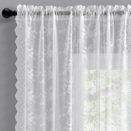 Kotile White Lace Curtains 80 Inch Length 2 Panels Set Rustic Vine Floral Scalloped Vintage White Lace Curtains for Living Room, Rod Pocket Privacy Farmhouse Sheer Lacy Curtains, 52 x 80 Inch