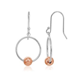 Two-Tone Rose Gold Flashed Sterling Silver Polished Open Circle Bead Frontal Hoop Drop Dangle Earrings