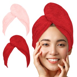 LUXTOGO Hair Turban - 100% Cotton - Premium Quality Hair Towel with Button and Elastic - Quick-Drying Head Towel Turban - Super Absorbent Hair Towel Turban without Microfibre (Pink+Red, Pack of 2)