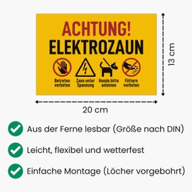 Caution Electric Fence Sign (20 x 13 cm) - Achtung Strom und Füttern verboten für jeden Weidezaun - kein Betreten für Stromzaun - Warnzeichen nach VDE 0667, VDE 0131 und DIN EN 60335-2-76 (5)