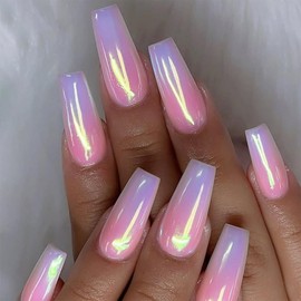 SINHOT Coffin Press on Nails Medium - Pink Purple Ombre Aurora Chrome Fake Nails Glossy Glue on Nails Acrylic Ballerina Artificial Nail Art Stick on False Nails with Design DIY 24 pcs