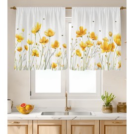 Stanoha Kitchen Curtains (2 Pcs) Over Sink for Bathroom Window Cafe Basement Cortinas para Cocina Farmhouse Short Mini Curtain Flower Bee Summer Daisy Elegant Country Rustic Modern Cute - 26×30"
