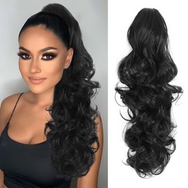 Black Ponytail Extension Curly Wavy, 22" Claw Clip Ponytail Extensions for Women, Fluffy Long Wavy Curly Fake Pony Tail Clip in Hair (1B#, 22 Inch)