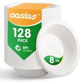 OasisSN [8 oz, 128-Pack Compostable Paper Bowls, Heavy-Duty Biodegradable Disposable Bowls Made from Bagasse, Eco-Friendly, Microwave & Freezer Safe (BPI Certified)