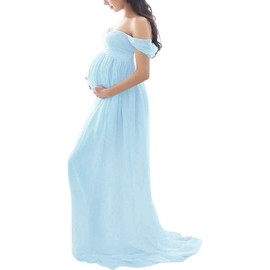 ZIUMUDY Maternity Off Shoulder Chiffon Gown for Photoshoot Split Front Lace Maxi Dress for Photography (Light Blue, Small)