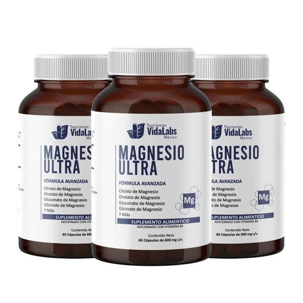 Magnesio Ultra Vida Labs 60 Capsulas por Frasco, Paquete de 3 o 6 Frascos - Magnesio de Amplio Espectro Calidad Premium - Contiene 5 Tipos de Magnesio + Vitamina B6. (3)