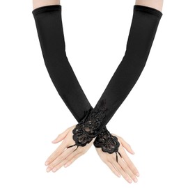 Women 20s Satin Gloves, Formal Long Gloves Stretchy Fingerless Gloves Vintage Opera Evening Gloves Elbow Length Satin Gloves Costume for Women Girls Bridal Wedding Opera 1920s Party Accessories, Black