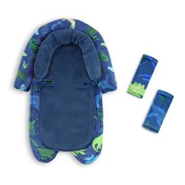Baby Car Seat Head Support with Extra Headrest, 2-in-1 Babybody Supports with Shoulder Pads Set for Newborn, Adjustable Infant Car Seat Insert Compatible with Stroller, Baby Swing (Blue Dinosaur)