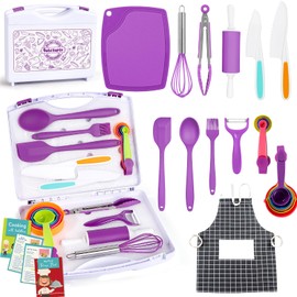 Kids Cooking Sets Real, Kids Cooking and Baking Set with Storage Case Kid Safe Knives Cutting Board Apron Cookbook Toddler Cooking Utensils, Montessori Kitchen Tools, Birthday Gifts for Girls Boys