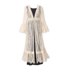 Long Lace Cardigan for Women, Flowy Boho Jacket Cover Up with V-Neckline, Fringed Sheer Beach Dress Kimono
