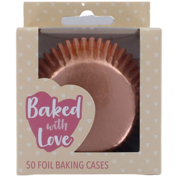 Baked With Love Foil Baking Cases, Cups, Greaseproof Cupcake Cases, Rose Gold - Pack of 50