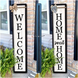 Outdoor Welcome Sign for Front Porch Standing Large 2 Sided 45"X9" Wooden Frame Tall Vertical Leaner Long Home Sweet Home Front Door Sign for Rustic Outside Farmhouse Modern Decor (Black)