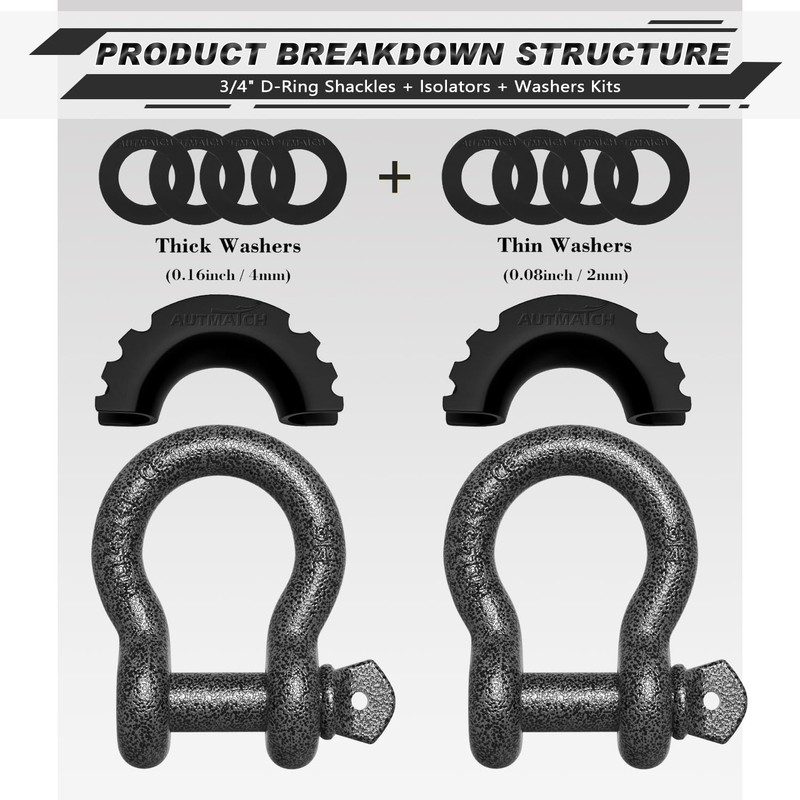 AUTMATCH D Ring Shackle 3/4" Shackles (2 Pack) 41,887Ibs Break