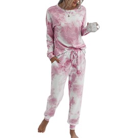 ASOMI Women's Long Pyjamas Long Sleeve Top Long Trouser Suit Tie Dye Two Piece Sleepwear Loungewear with Pockets, 035 Pink White