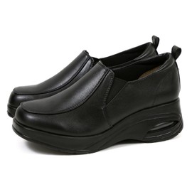 Akiriko Wide EEE Side Gore Comfort Shoes, Air Cushion, Wedge Sole, Black, Plain/5.5cm heel, 24.0 cm