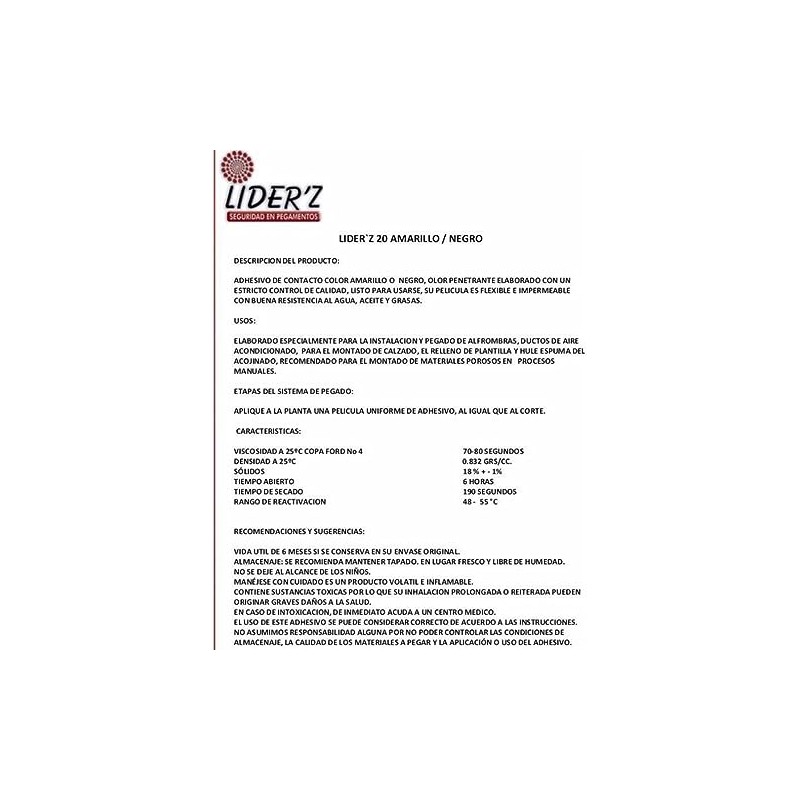 Pegamento De Contacto Liderz Mod Z20 Color Amarillo 4 Litros