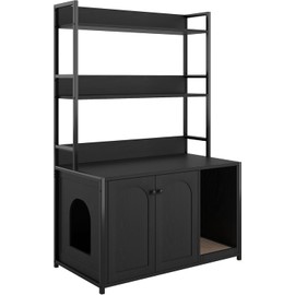 Cat Litter Box Furniture with 2 Storage Shelves Removable Divider, Scratch Pad, Indoor Cat House & Washroom Cabinet, Hidden Cat Furniture, Scratch Pad,