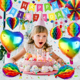 Birthday Decoration Rainbow, Reusable Happy Birthday Banner, Paper Fans Decorations for Men, Boys, Women and Girls