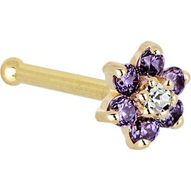 Solid 14k Yellow Gold Purple and Clear Cubic Zirconia Flower Nose Stud Bone 18 Gauge