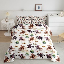 Western Cowboy Kids Comforter Set Twin Size,Cowboy Horse Cactus Rustic Farmhouse Bedding Set,Boys Men Adults Bedroom Decor,Country Cowboy Hat Down Comforter,Brown Retro Duvet Insert,1 Pillowcase