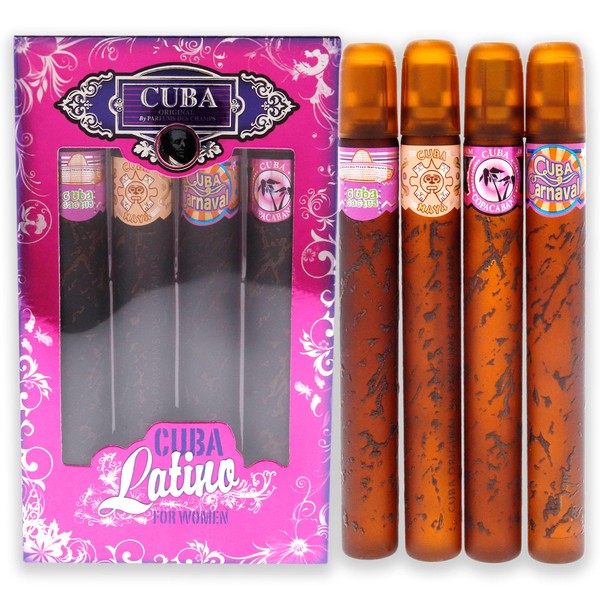 Cuba Latino Collection Women 4 Pc Gift Set 1.17oz Copacabana EDP Spray, 1.17oz Maya EDP Spray, 1.17oz Carnaval EDP Spray, 1.17oz, (Cha-2549)