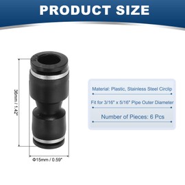 PATIKIL 6 Pcs Straight Union Push to Connect Fitting, 3/16" x 5/16" OD Tube Reducer Connector Quick Push Lock Adapter Air Hose Fitting for Pneumatic System Pipeline Connection, Black