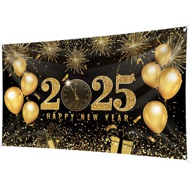 Happy New Year Backdrop Banner 78 x 43 Inch Large Size Happy New Year Banner Black Gold Background Banners New Year Eve Party Decorations Supplies for New Year Party Decorations Celebration