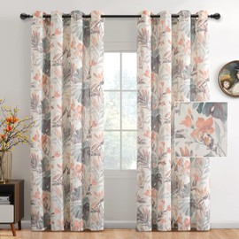 MYSKY Home Floral Curtains 84 inches Long Printed Grommet Cotton Curtains for Living Room Bedroom Light Filtering Linen Style Curtain Burlap Effect Drape Window Treatments, 2 Panel Coral and Natural