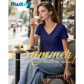 Huukeay Womens 5 Pack V Neck Basic Tees Comfortable Casual Short Sleeve T Shirts Solid Color Tops for Summer Flat Hem(Wine Red, Navy Blue, White, Light Gray, Black,Large)