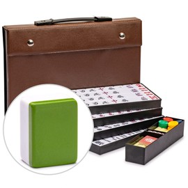 Yellow Mountain Imports Japanese Riichi Mahjong Set - Large White and Green Tiles, Vinyl Case - Includes East Wind Tile, Betting Sticks, and Dice