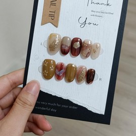 TENPAL Handmade Soft Gel Press On Nails With Tools,Amber Cat Eye Short Oval Nails,Glossy Glitter Embossed Floral Designs Glue on Nails,Autumn Winter Ombre Yellow Leaves Pattern Fake Nails 10pcs(L)