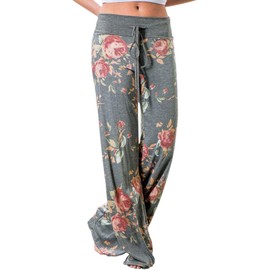 AMiERY Pajamas for Women Women's High Waist Casual Floral Print Drawstring Wide Leg Palazzo Pants Lounge Pajama Pants (Tag 3XL (US 14), Grey)