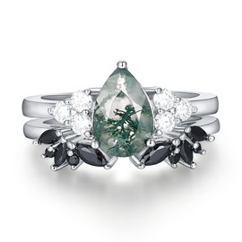 IRROYA 6x9mm Pear Cut Natural Moss Agate Women Wedding Ring Sets Open Ring Style, Platinum Plated 925 Sterling Silver Green Agate and Eternity Black Spinel Stackable Engagement Band, Unique Art Deco Promise Ring for Her Size 9