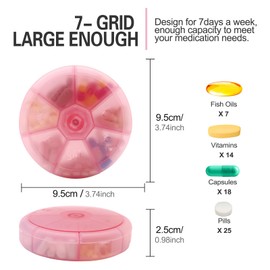 Portable Lock Weekly Pill Organizer 7 Day Pills Container, Round Pill Case Travel Friendly, Daily Week Pill Reminder Case, BPA-Free Vitamin, Supplement, Fish Oil, Medication Planner (Pink)